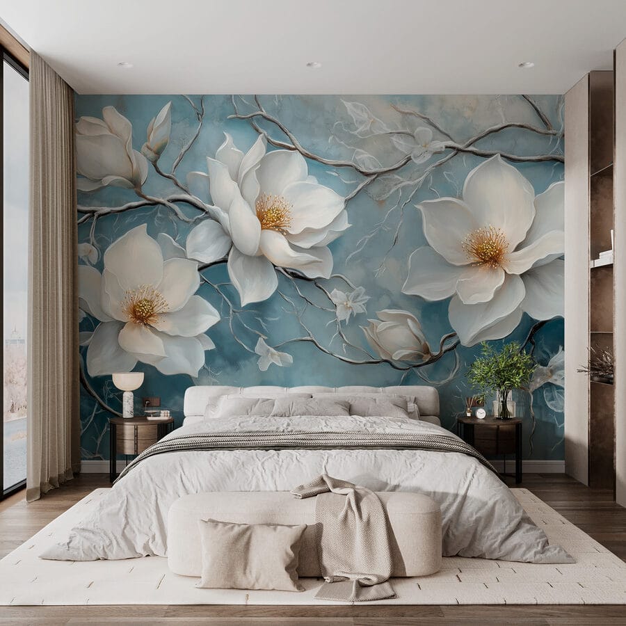 Painting of white flowers on a blue background