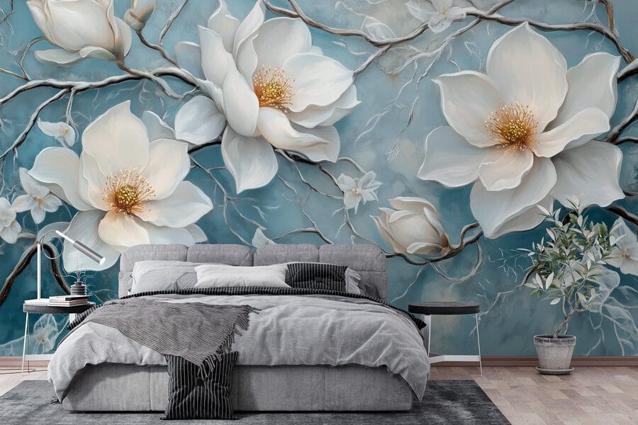 Painting of white flowers on a blue background