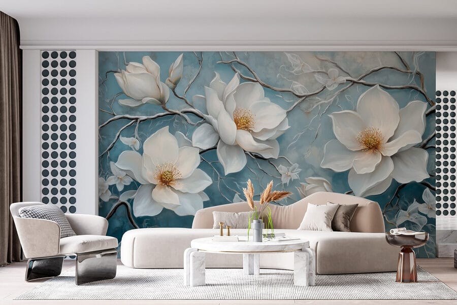 Painting of white flowers on a blue background