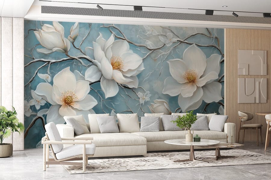 Painting of white flowers on a blue background