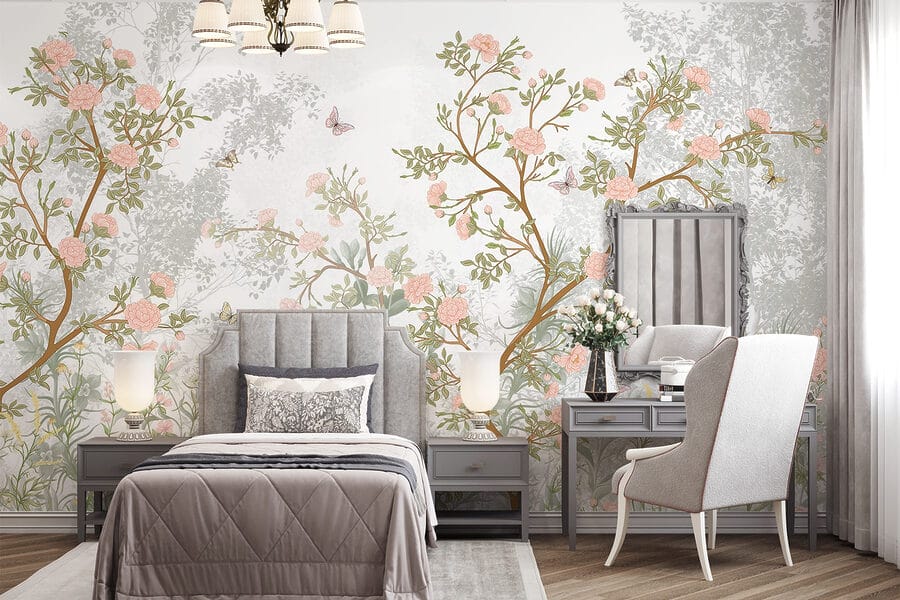 Painting of a tree with flowers and butterflies