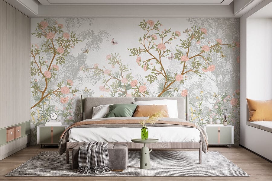 Painting of a tree with flowers and butterflies