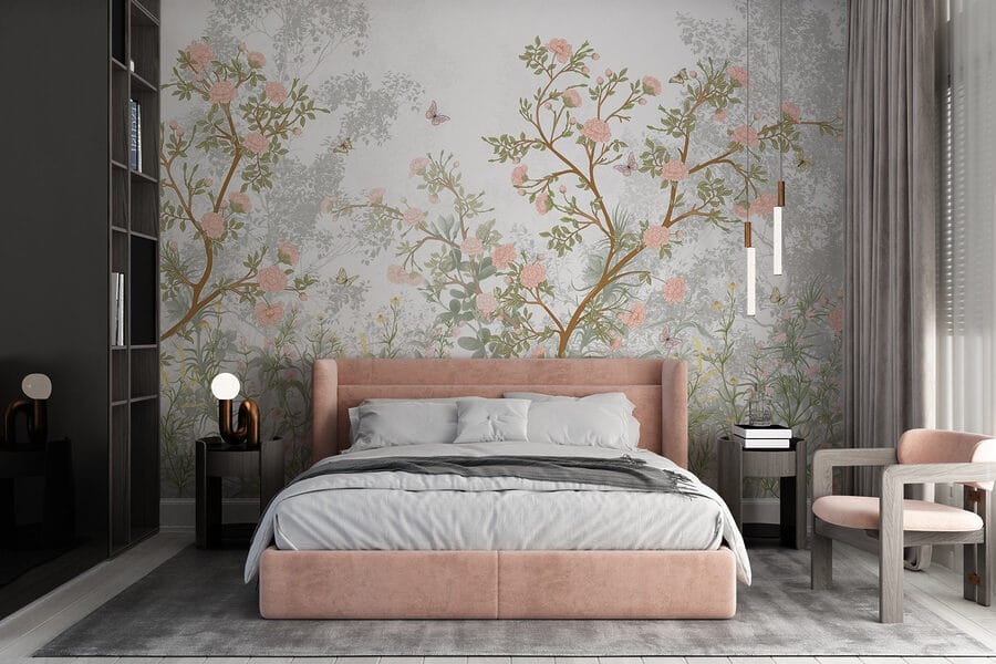 Painting of a tree with flowers and butterflies