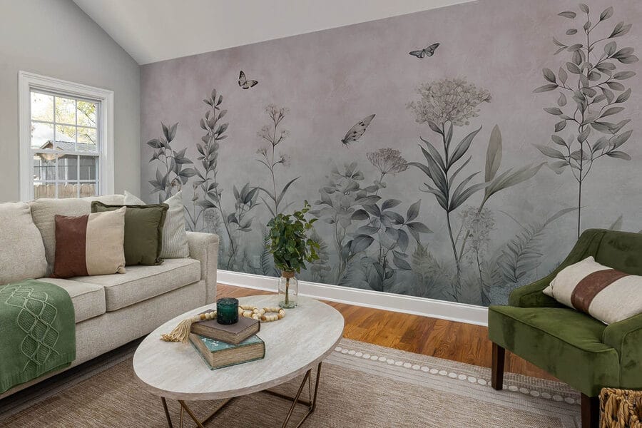 Wallpaper with butterflies and plants