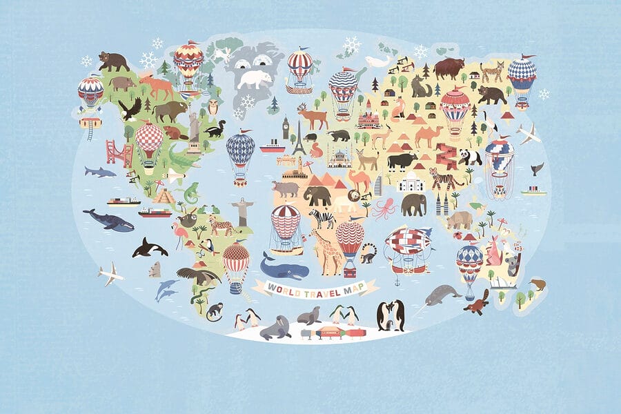 Map of the world with animals