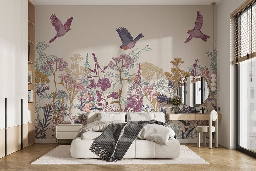 Wall murals Birds flying over flowers