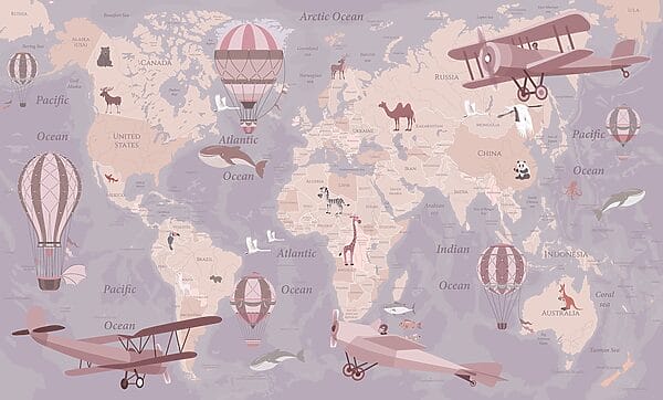A map of the world with airplanes and hot air balloons A map of the world with airplanes and hot air balloons