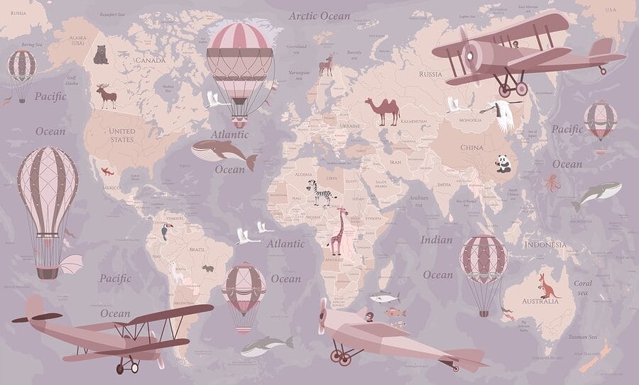 A map of the world with airplanes and hot air balloons