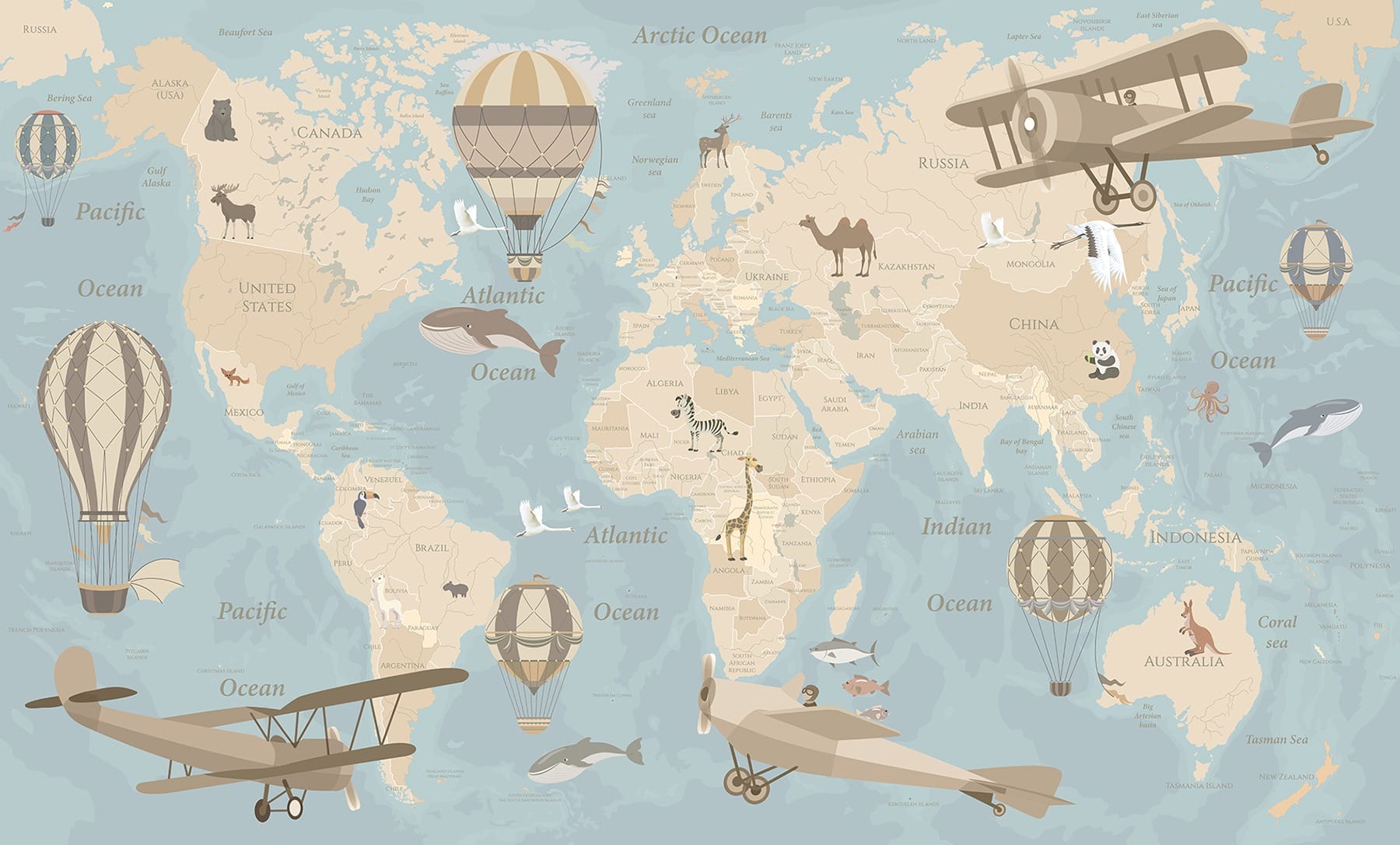 Map of the world with airplanes and hot air balloons Map of the world with airplanes and hot air balloons