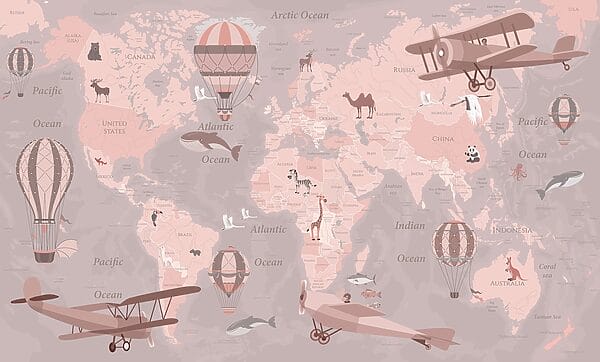 A map of the world with airplanes and hot air balloons A map of the world with airplanes and hot air balloons