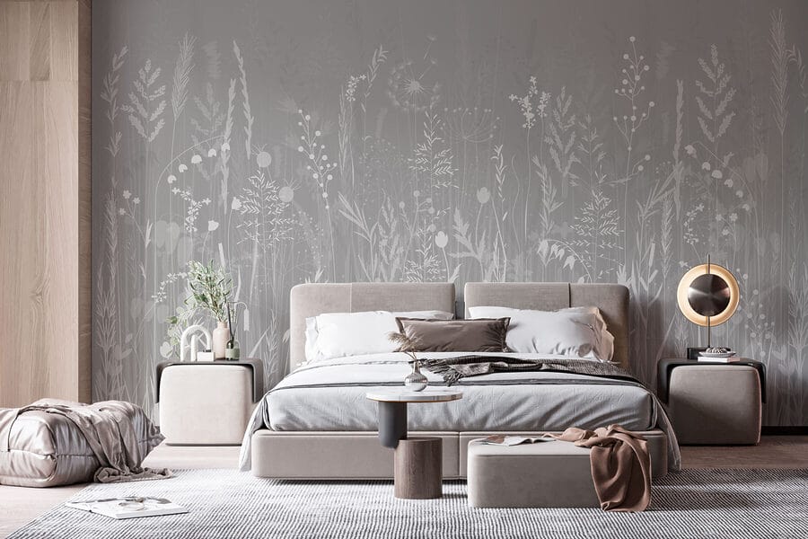 Wall murals Grey background with grass and flowers
