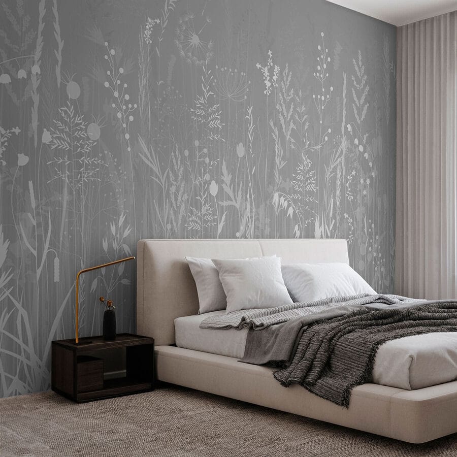 Wall murals Grey background with grass and flowers - Image 2