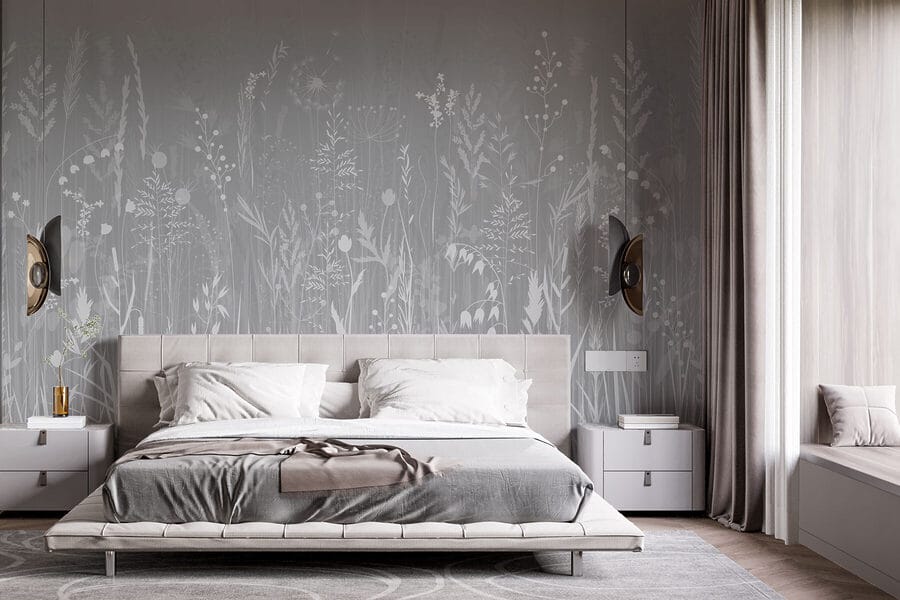 Wall murals Grey background with grass and flowers - Image 3