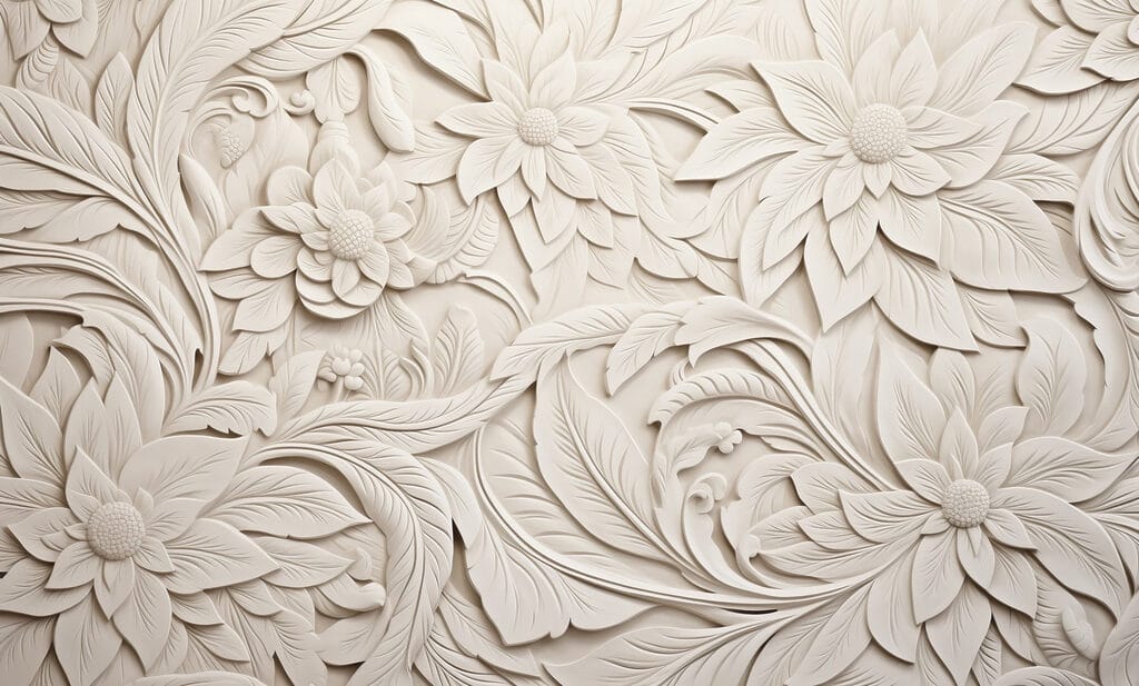 White wall with flowers and leaves White wall with flowers and leaves