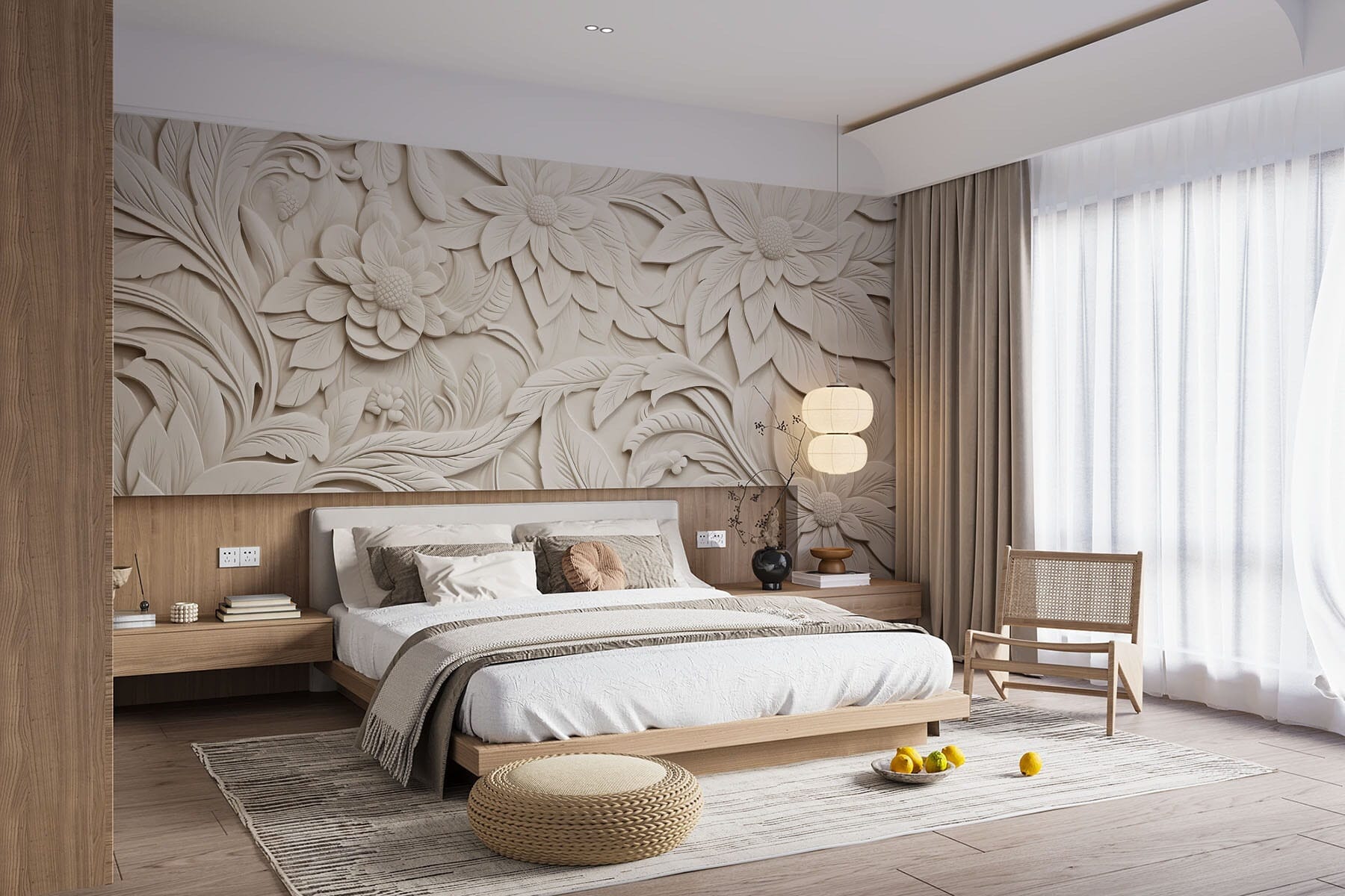 White wall with flowers and leaves White wall with flowers and leaves