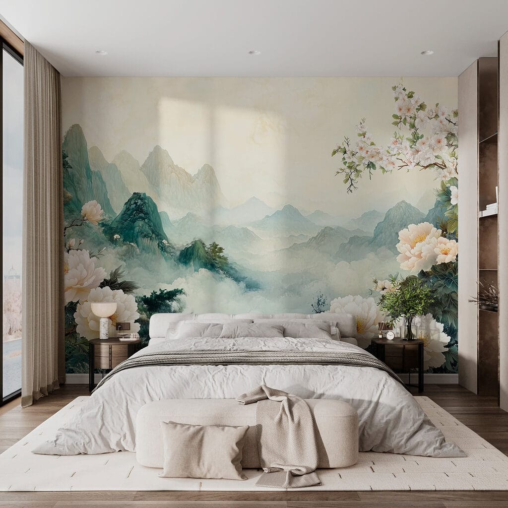 Painting of flowers and mountains