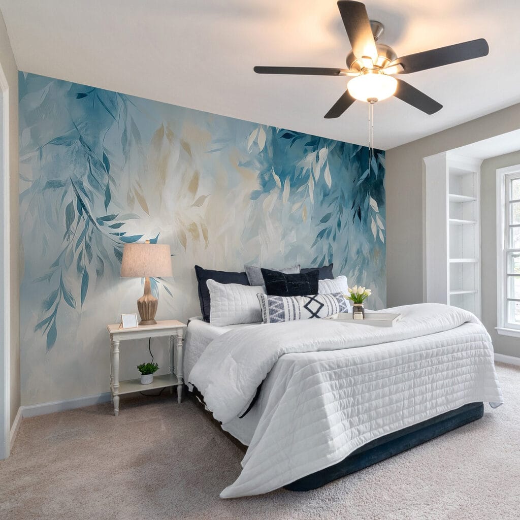 Blue and white background with leaves Blue and white background with leaves