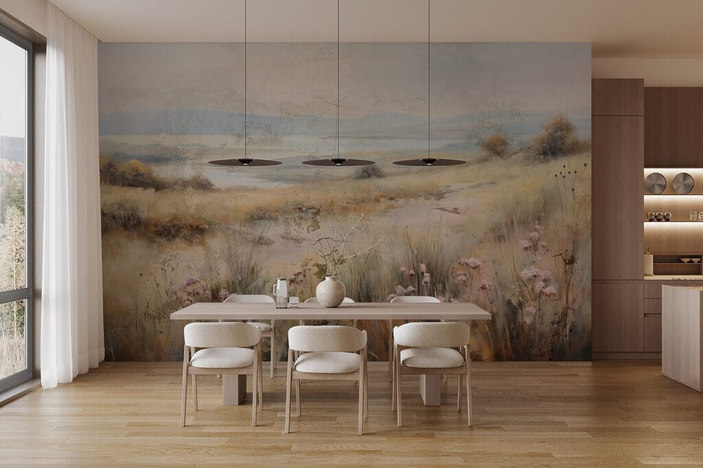 Painting of a field with flowers and a lake