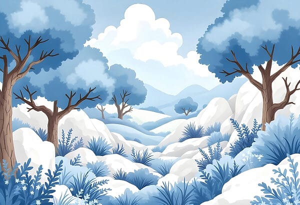 Snowy landscape with trees and bushes Snowy landscape with trees and bushes