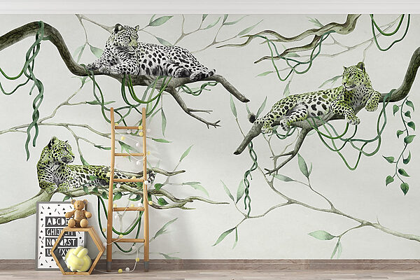 Group of leopards lying on branches Group of leopards lying on branches