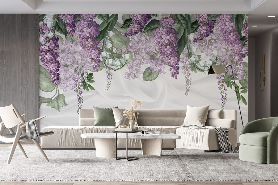 Lavender blooms on soft fabric background
