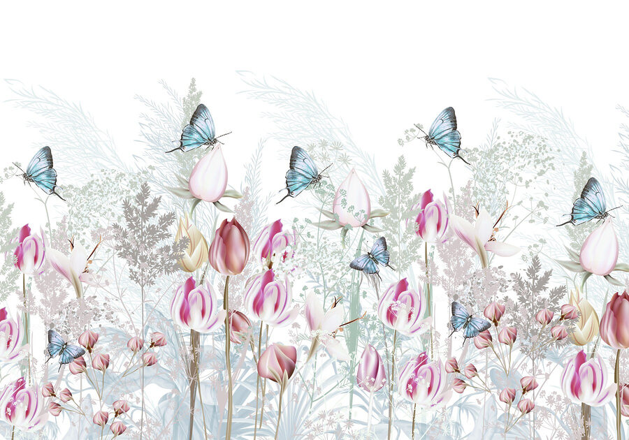 Fluttering butterflies among blooming flowers.