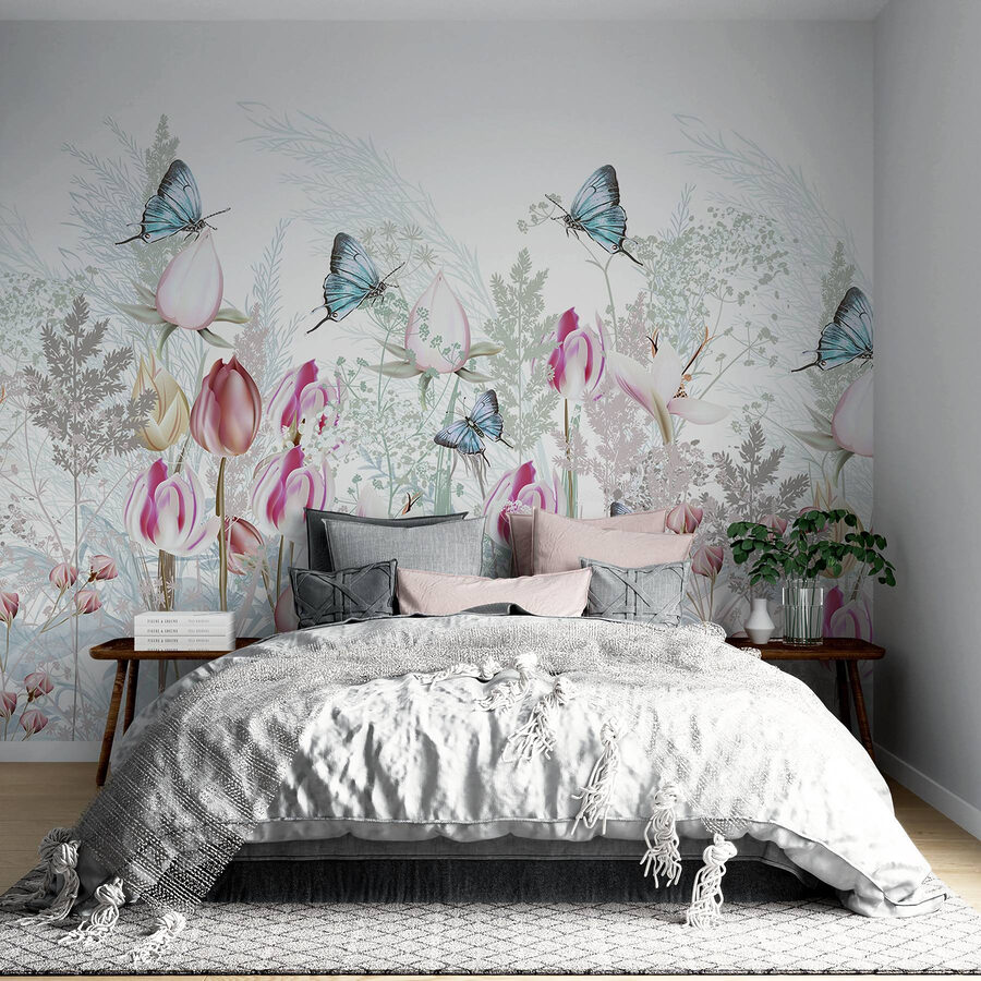 Fluttering butterflies among blooming flowers.