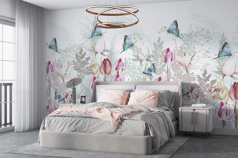 Fluttering butterflies among blooming flowers.