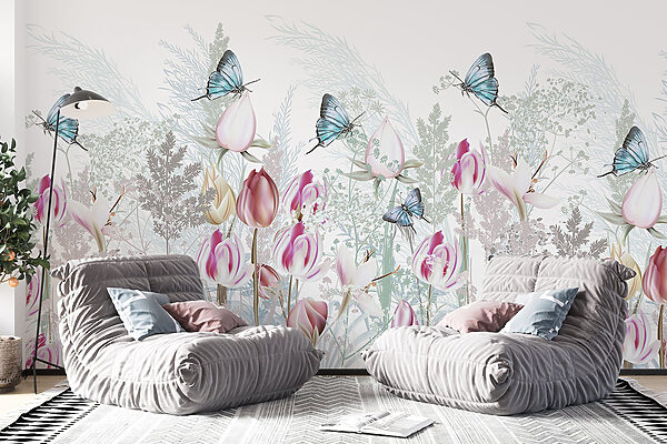 Fluttering butterflies among blooming flowers. Fluttering butterflies among blooming flowers.