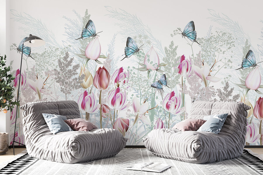 Fluttering butterflies among blooming flowers.