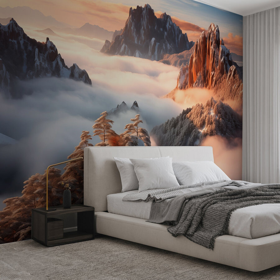 Wall murals Mountain range with snow and clouds