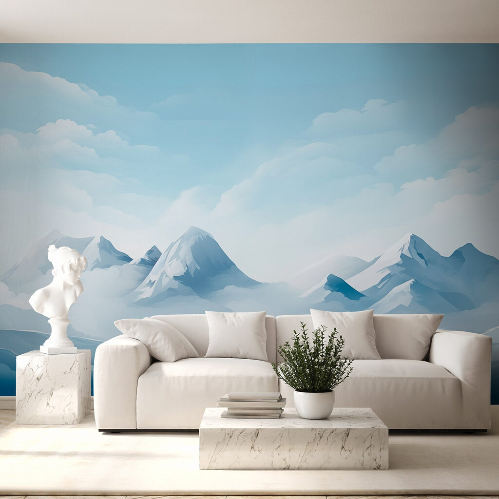 Snowy mountain range with clouds