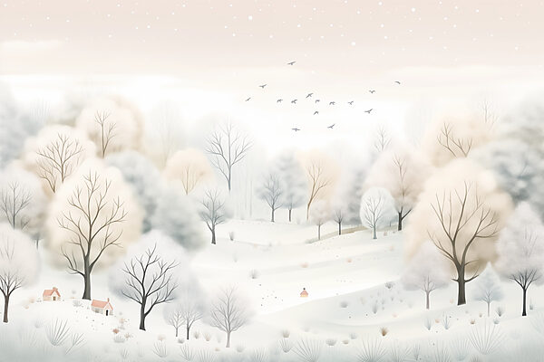 Snowy landscape with trees and birds Snowy landscape with trees and birds