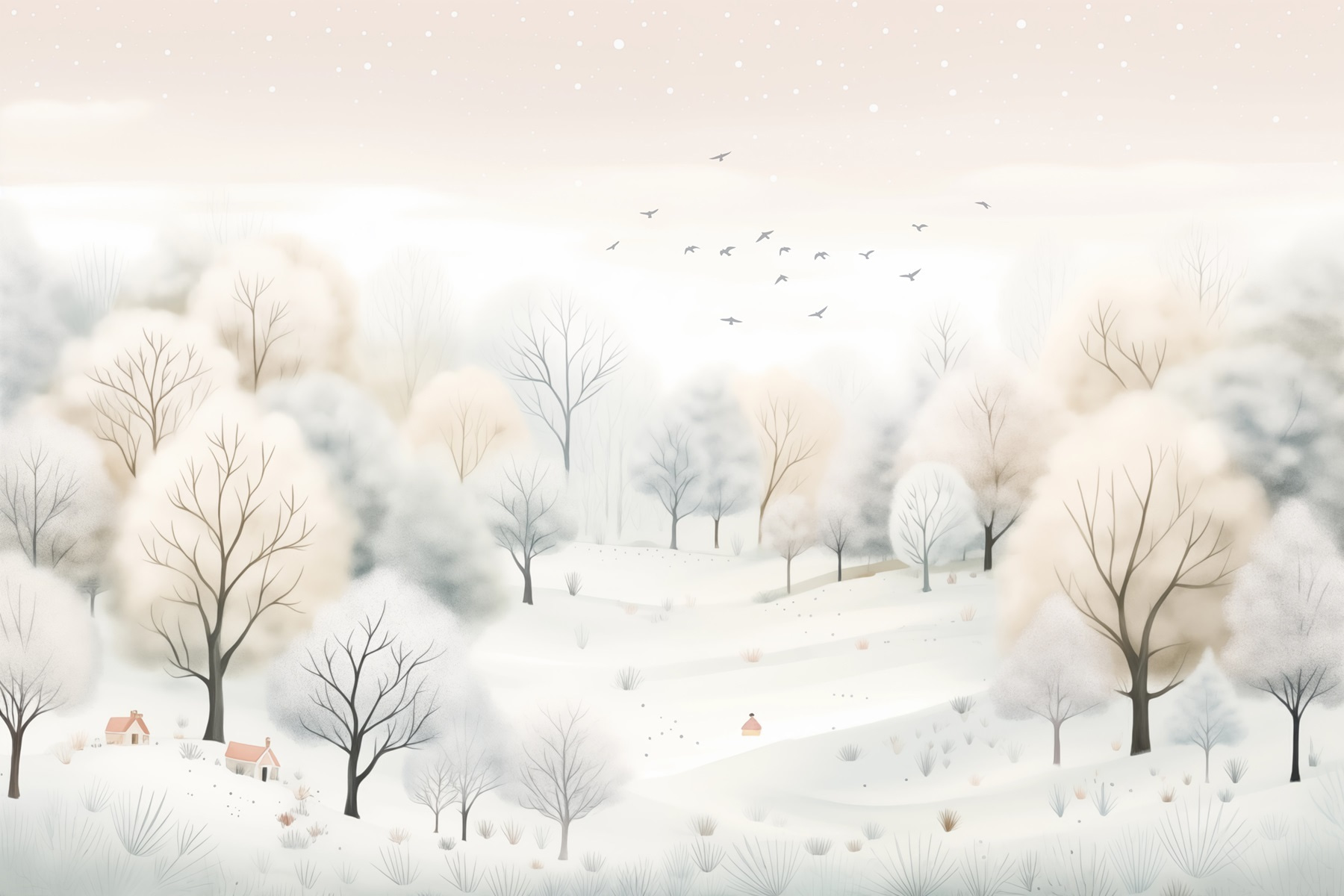 Snowy landscape with trees and birds