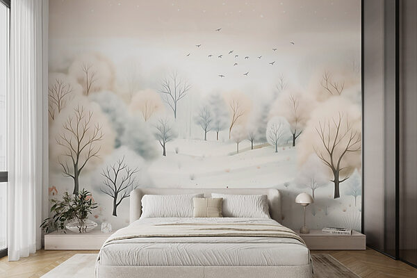 Snowy landscape with trees and birds Snowy landscape with trees and birds