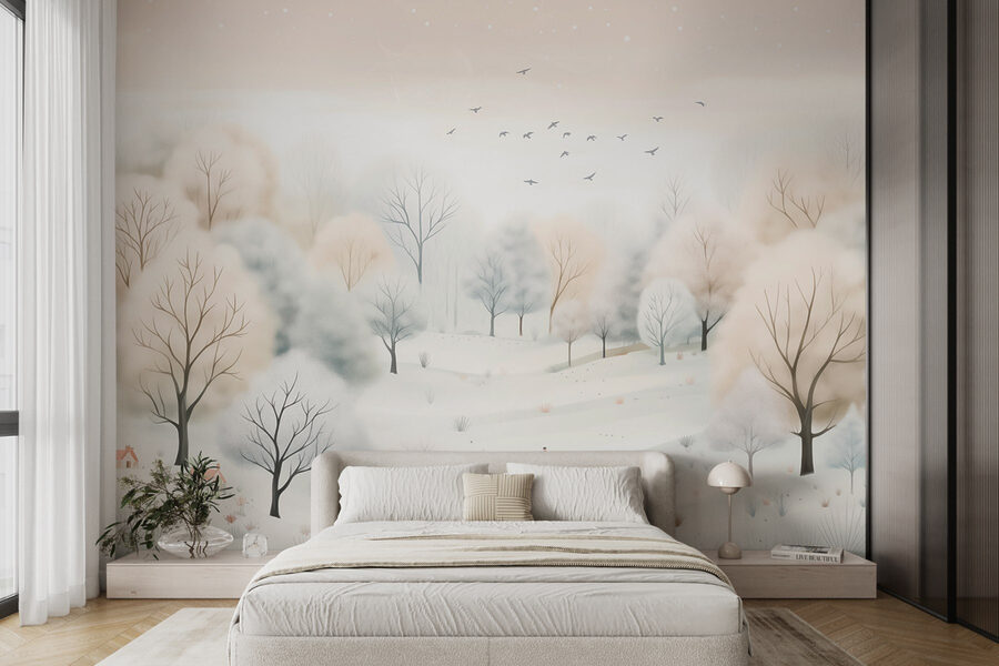 Snowy landscape with trees and birds Snowy landscape with trees and birds