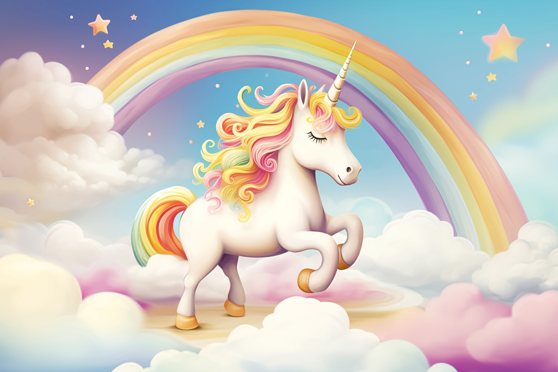 Unicorn with rainbow and clouds