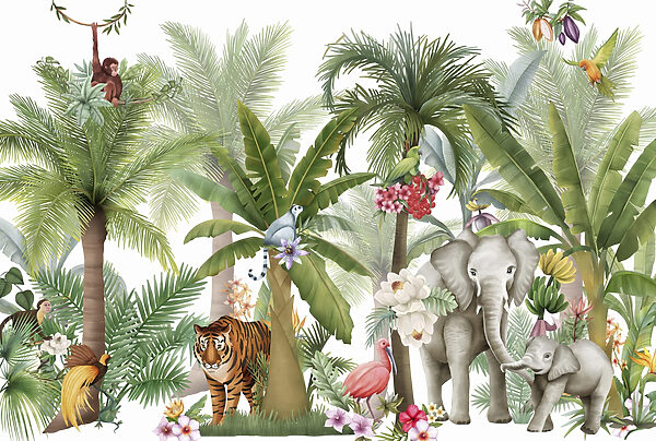 Wallpaper with animals and birds in the jungle Wallpaper with animals and birds in the jungle