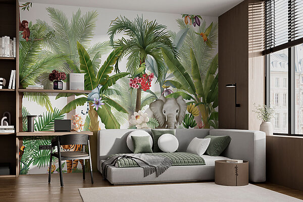 Wallpaper with animals and birds in the jungle Wallpaper with animals and birds in the jungle