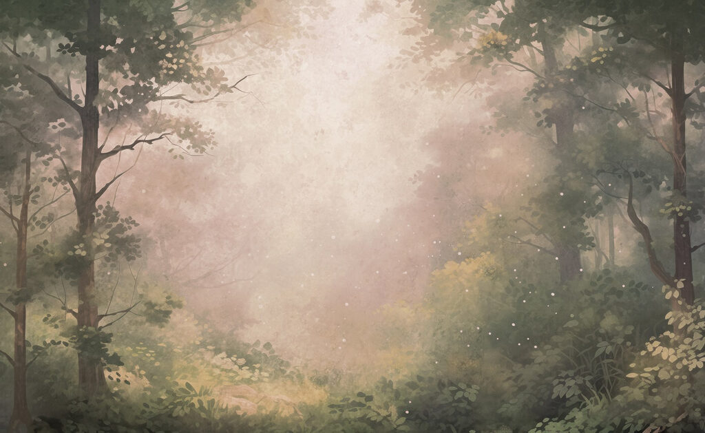 Foggy forest with trees and plants Foggy forest with trees and plants