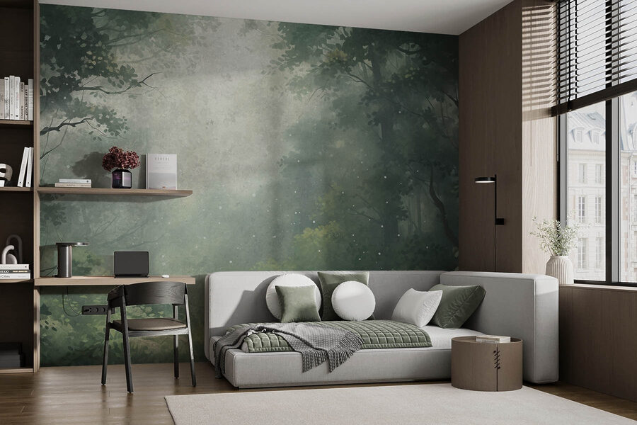 Foggy forest with trees and plants