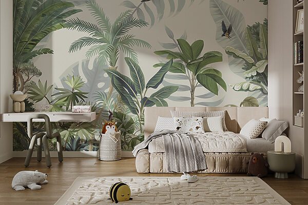 Wallpaper with tropical plants and birds Wallpaper with tropical plants and birds