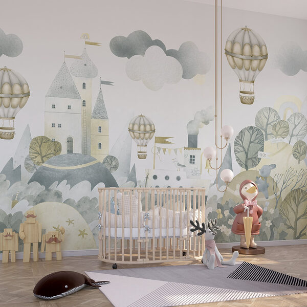 Watercolor painting of a castle and hot air balloons Watercolor painting of a castle and hot air balloons