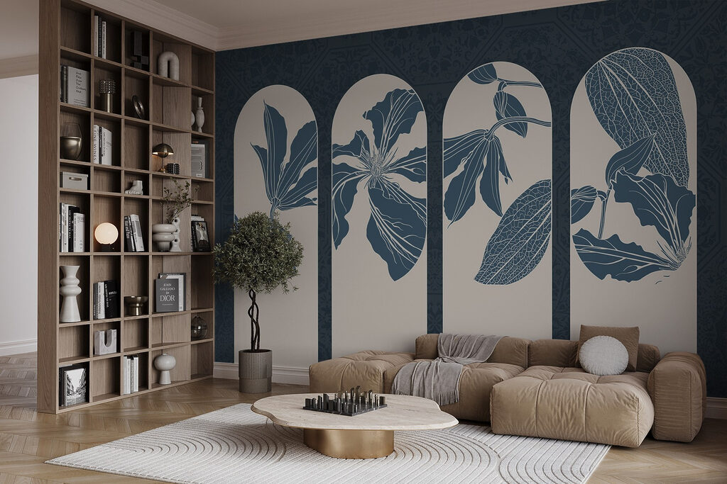 Group of white and blue floral designs