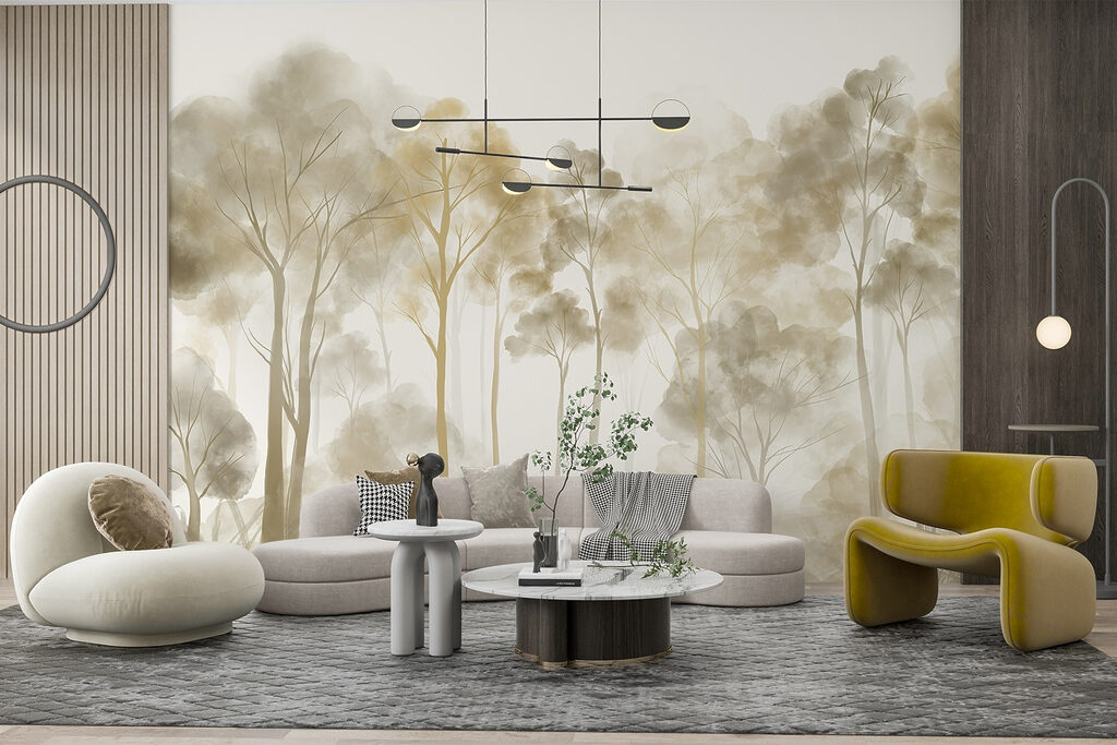 Group of trees in a foggy forest Group of trees in a foggy forest