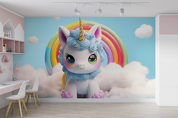 Toy unicorn with a rainbow in the background Toy unicorn with a rainbow in the background