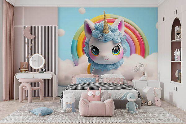 Toy unicorn with a rainbow in the background Toy unicorn with a rainbow in the background