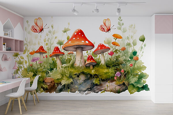 Painting of mushrooms and butterflies Painting of mushrooms and butterflies