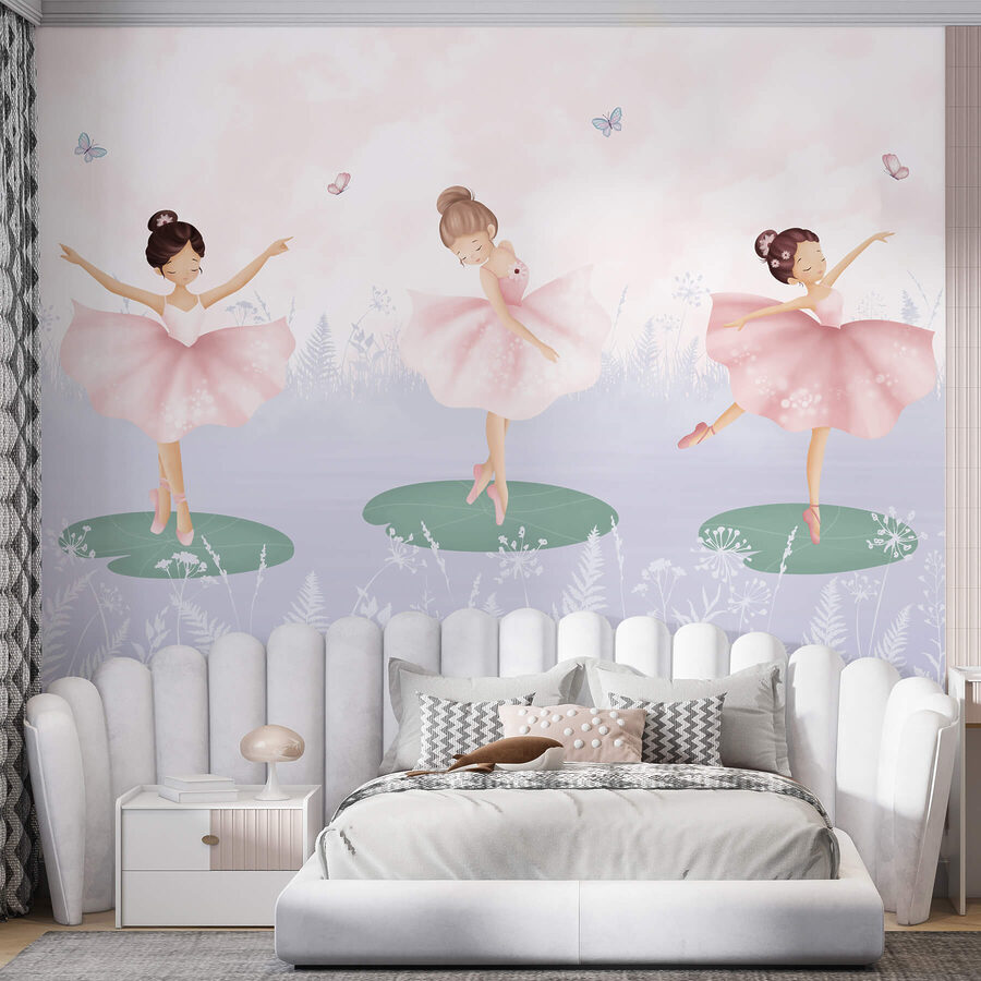 Group of girls in tutu skirts dancing on lily pads