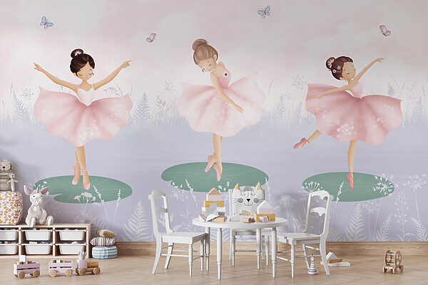 Group of girls in tutu skirts dancing on lily pads Group of girls in tutu skirts dancing on lily pads